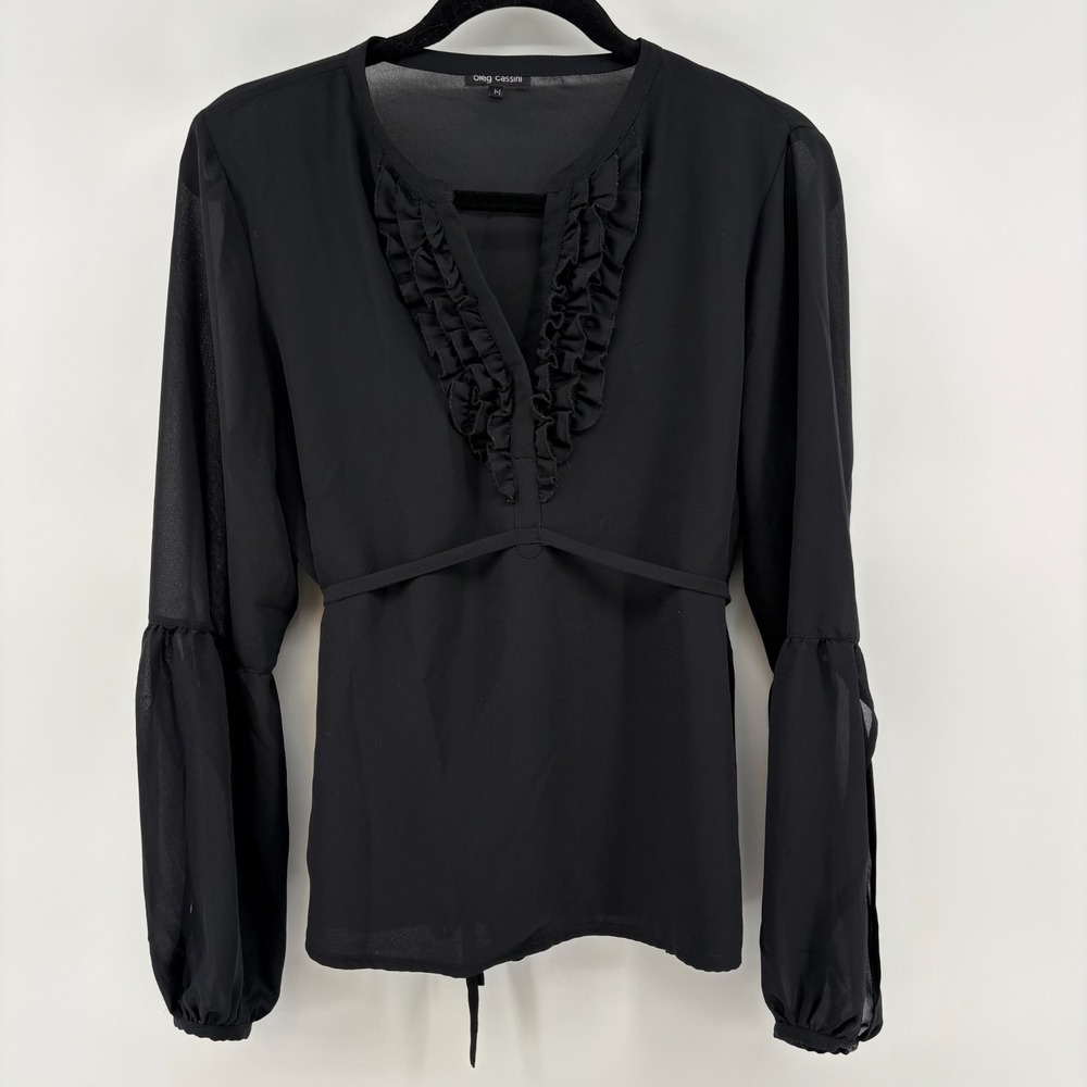 Oleg Cassini Ruffle V Neck Blouse M